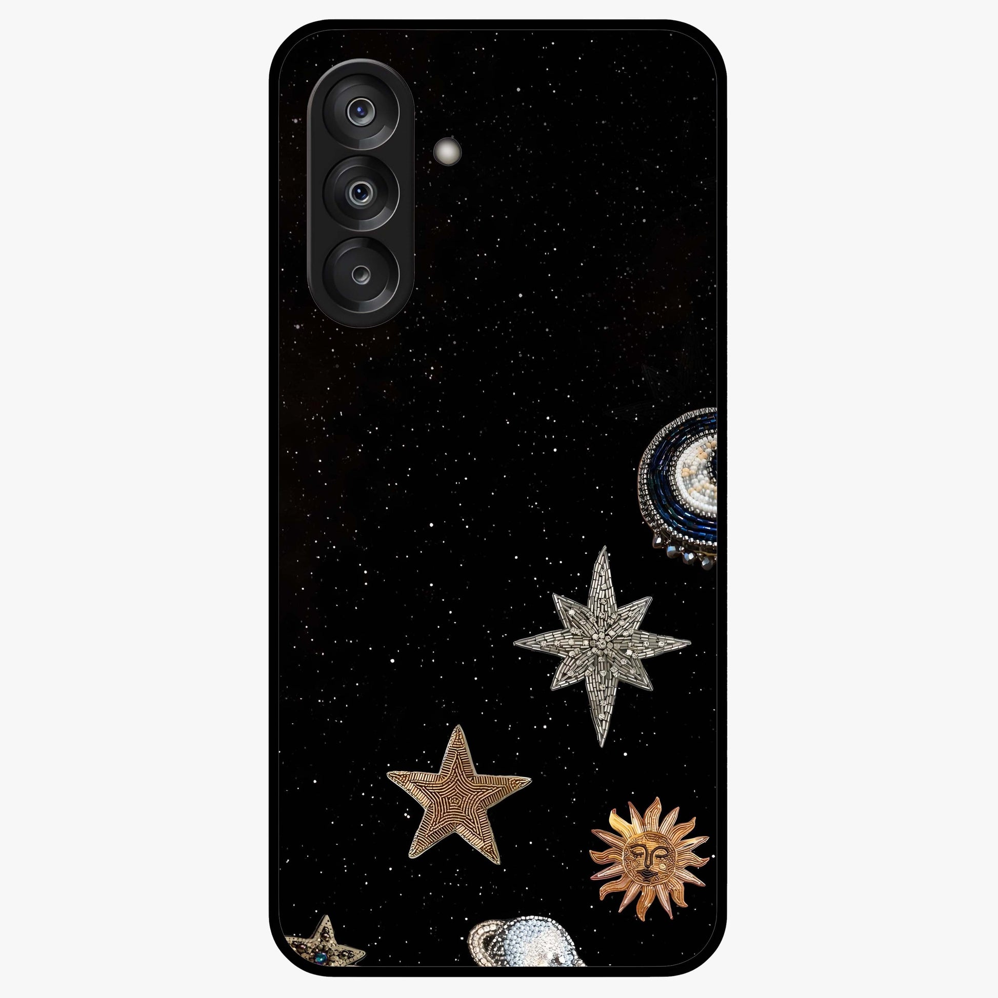 Galactic Charm Glow Glass Case showing flat back view with glowing celestial charm artwork and glossy glass finish.