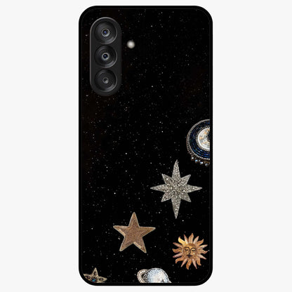 Galactic Charm Glow Glass Case showing flat back view with glowing celestial charm artwork and glossy glass finish.