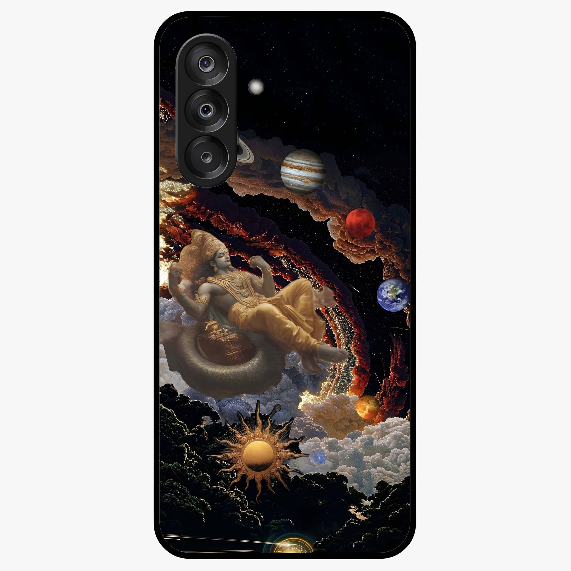Galactic Divine God Glass Case showing flat back view with divine cosmic themed artwork and glossy glass finish.
