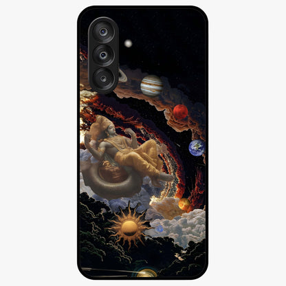 Galactic Divine God Glass Case showing flat back view with divine cosmic themed artwork and glossy glass finish.