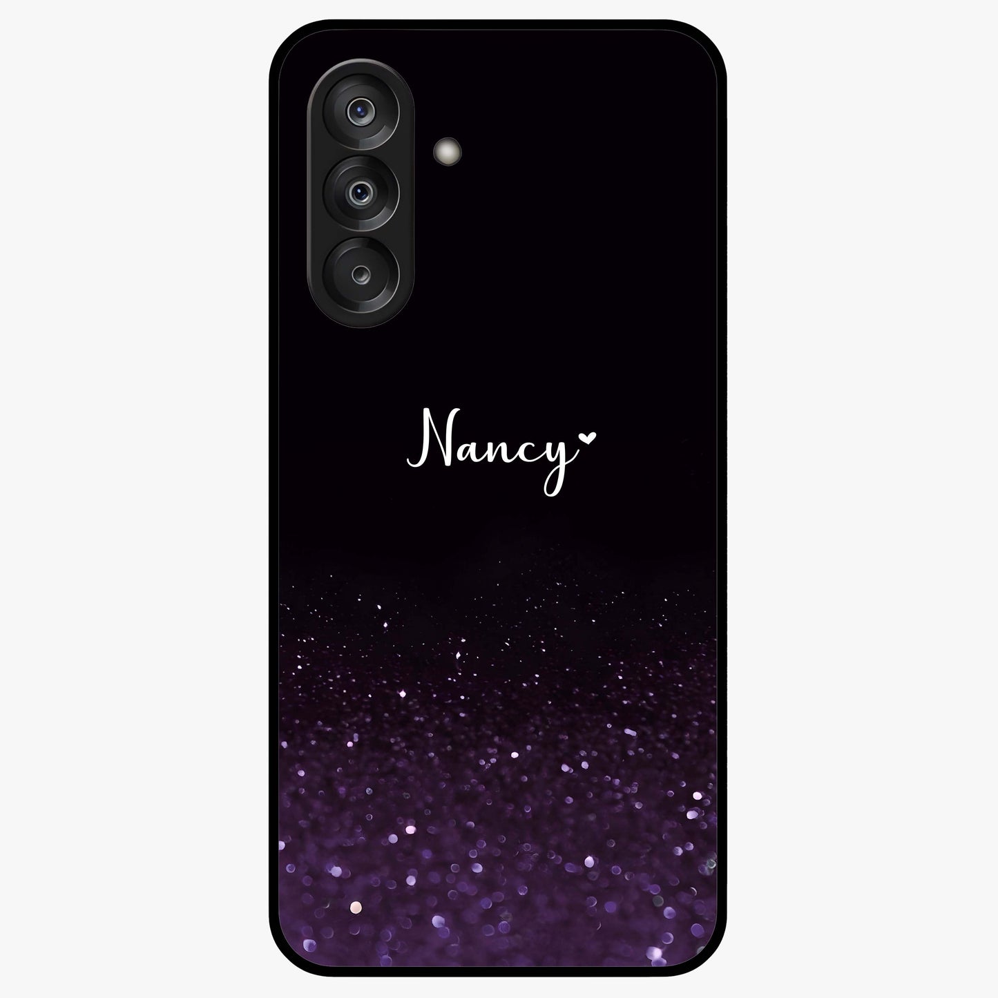 Glittery Purple Bokeh Custom Name Glass Case showing flat back view with purple bokeh sparkle artwork and personalized name design.