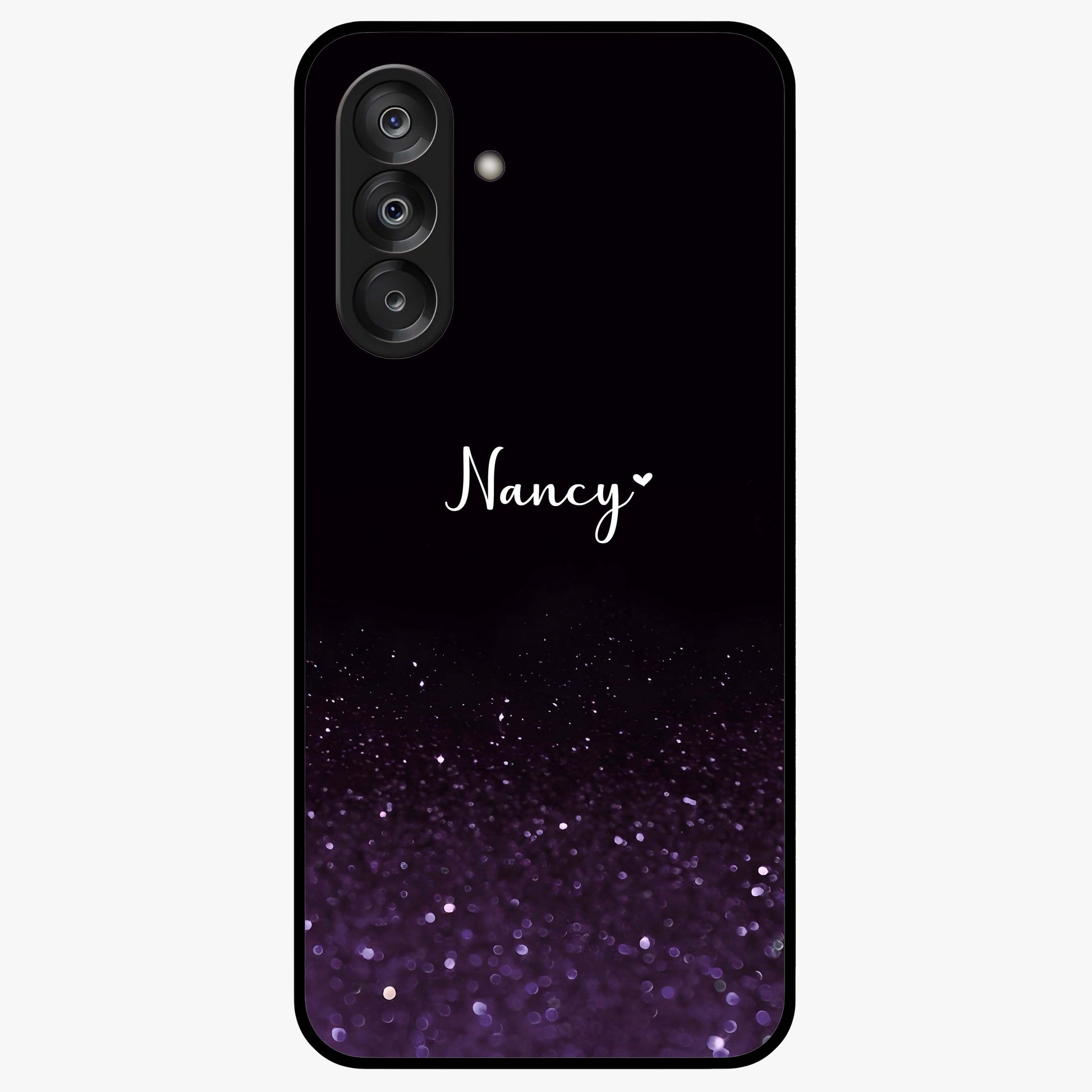 Glittery Purple Bokeh Custom Name Glass Case showing flat back view with purple bokeh sparkle artwork and personalized name design.