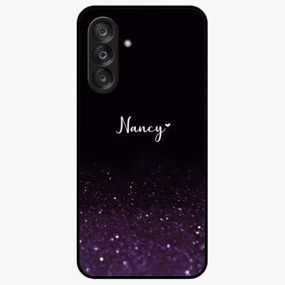 Glittery Purple Bokeh Custom Name Glass Case showing flat back view with purple bokeh sparkle artwork and personalized name design.