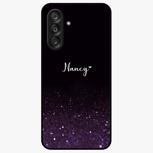 Glittery Purple Bokeh Custom Name Glass Case showing flat back view with purple bokeh sparkle artwork and personalized name design.