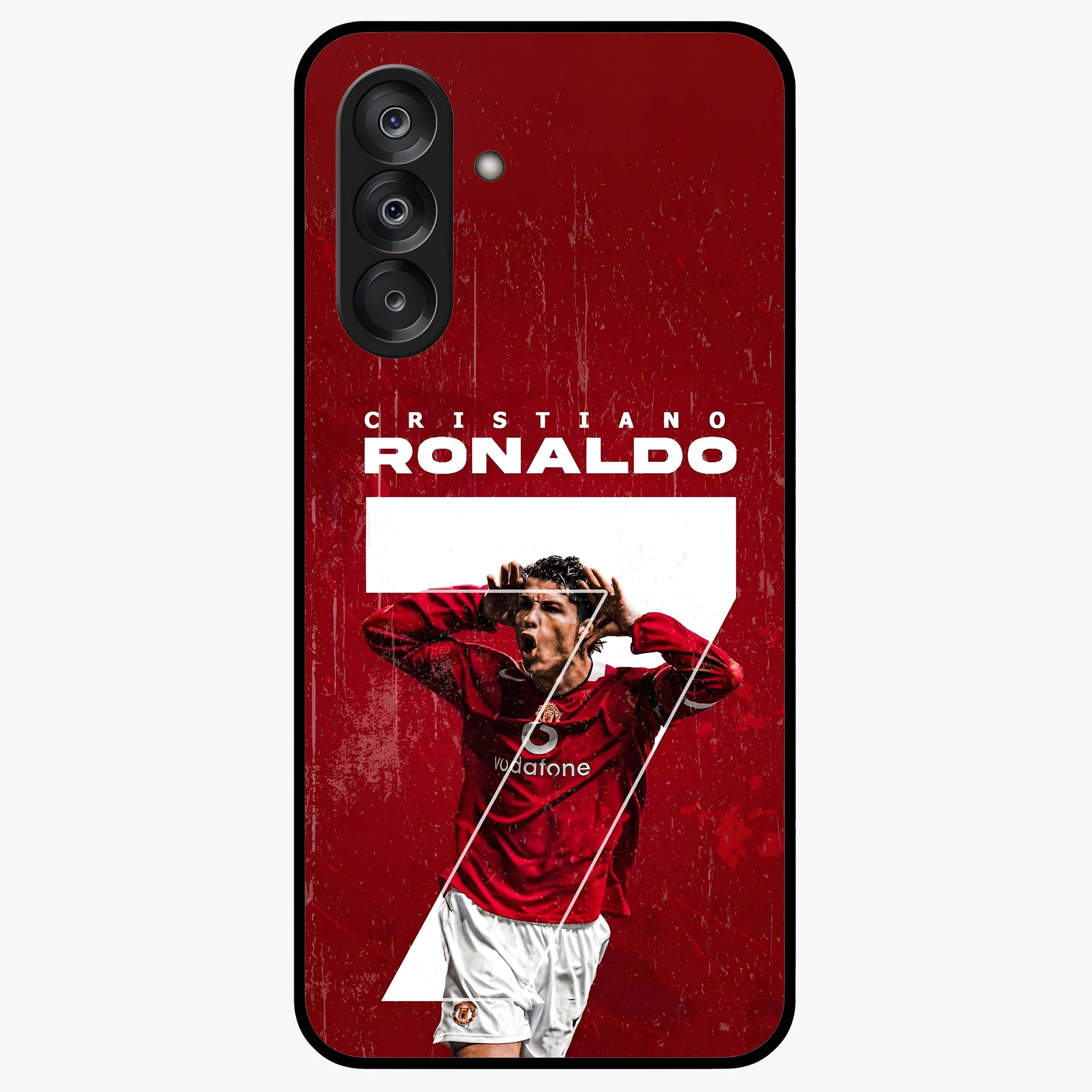 Goal Celebration Legacy Glass Case showing flat back view with football celebration inspired artwork and glossy glass finish.