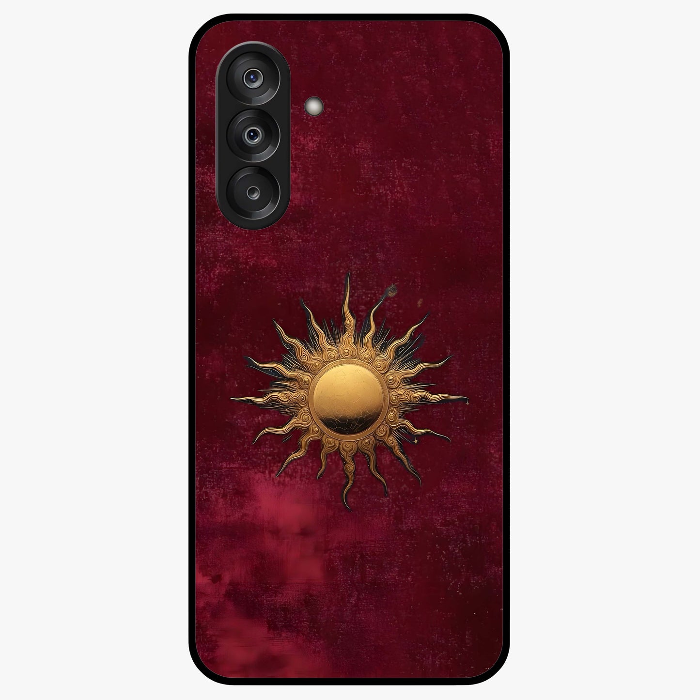 Gold Sun Blush Glass Case showing flat back view with golden sun inspired artwork and glossy glass finish.