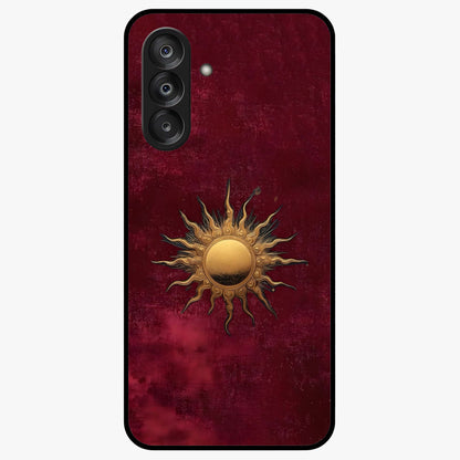 Gold Sun Blush Glass Case showing flat back view with golden sun inspired artwork and glossy glass finish.