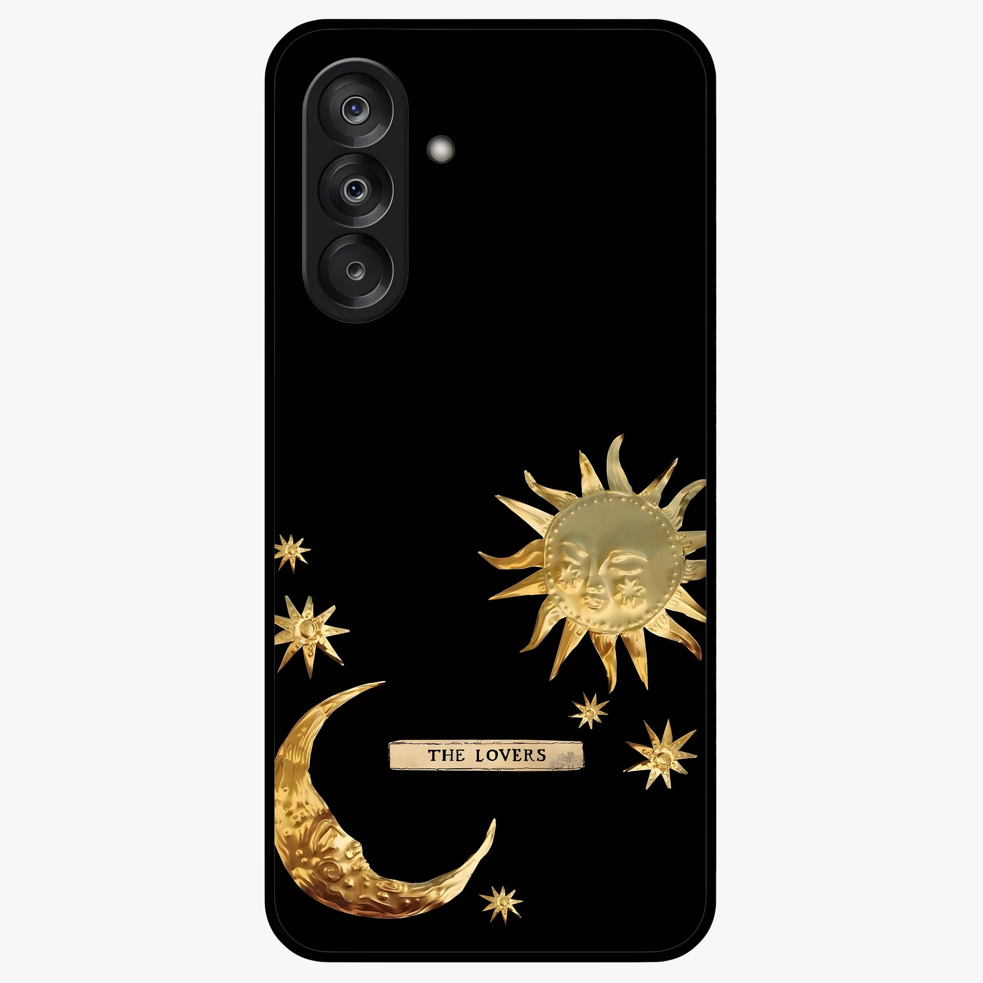 Golden Celestial Charm Glass Case showing flat back view with golden celestial charm artwork and glossy glass finish.