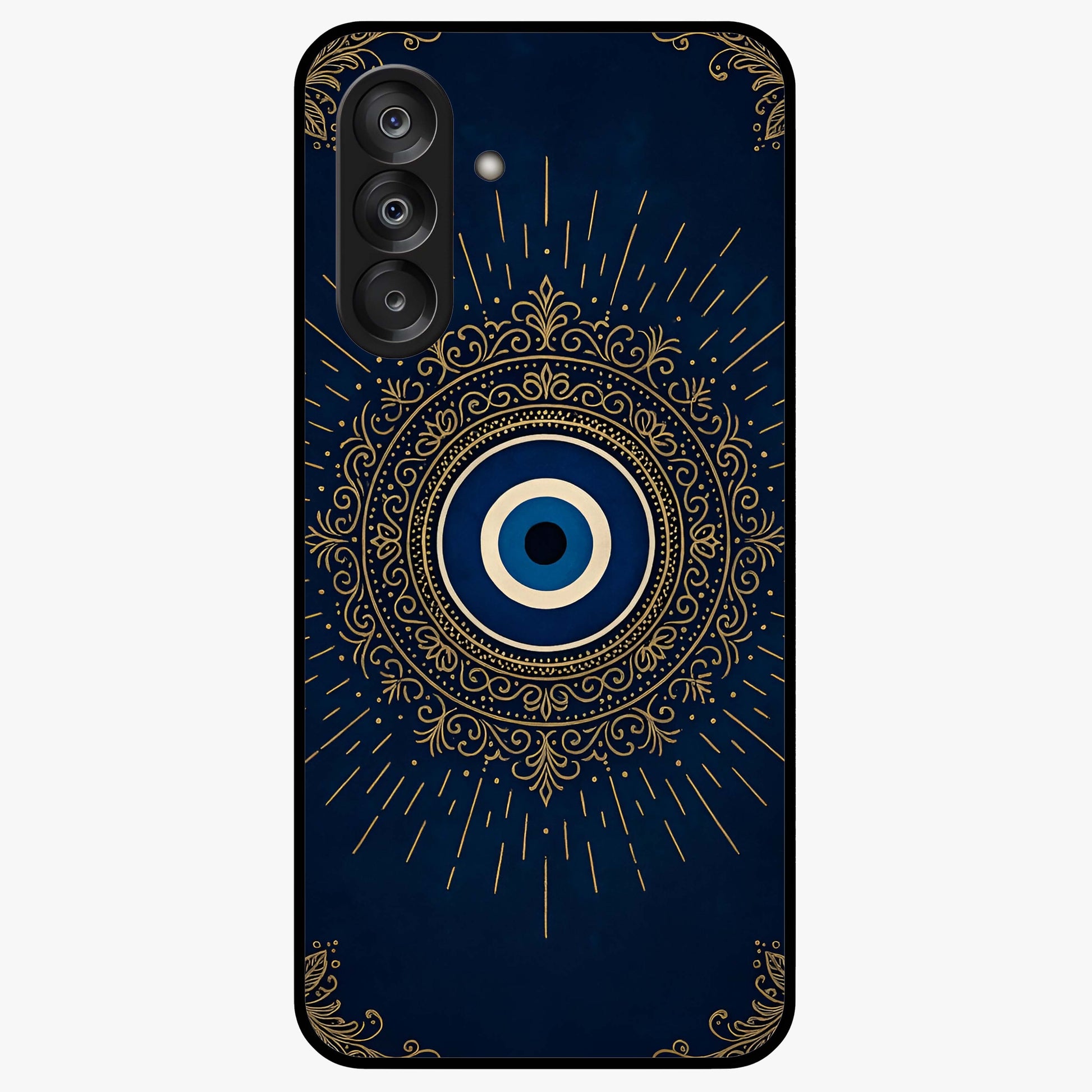 Golden Evil Eye Mandala Glass Case showing flat back view with intricate evil eye mandala artwork and glossy glass finish.
