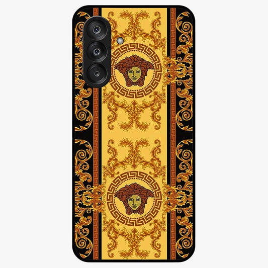 Golden Royal Heritage Glass Case showing flat back view with ornate royal pattern artwork and glossy glass finish.