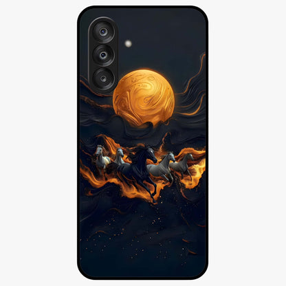 Golden Stallion Moonride Glass Case showing flat back view with majestic horse under moonlight artwork and glossy glass finish.