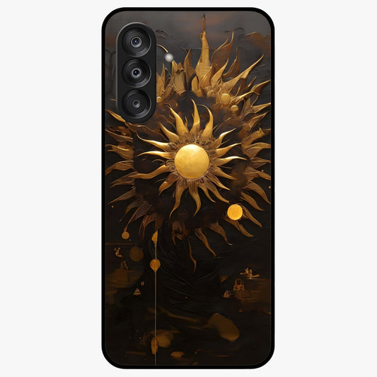 Golden Sun Majesty Glass Case showing flat back view with radiant golden sun artwork and glossy glass finish.
