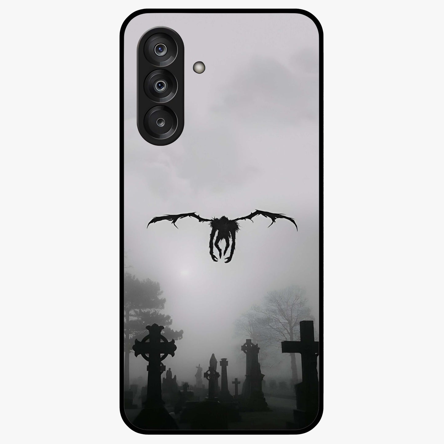 Graveyard Shadow Descent Glass Case showing flat back view with dark graveyard themed artwork and glossy glass finish.