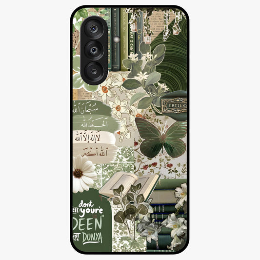 Green Islamic Books Quotes Glass Case showing flat back view with Islamic quotes and book themed artwork and glossy glass finish.