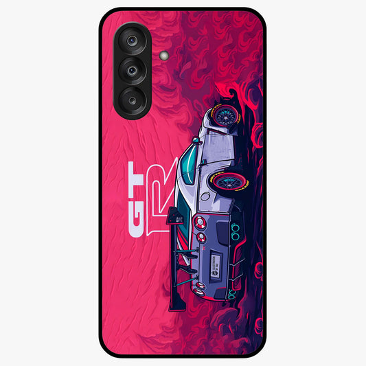 GT-R Car Pattern Glass Case showing flat back view with sporty car inspired pattern artwork and glossy glass finish.