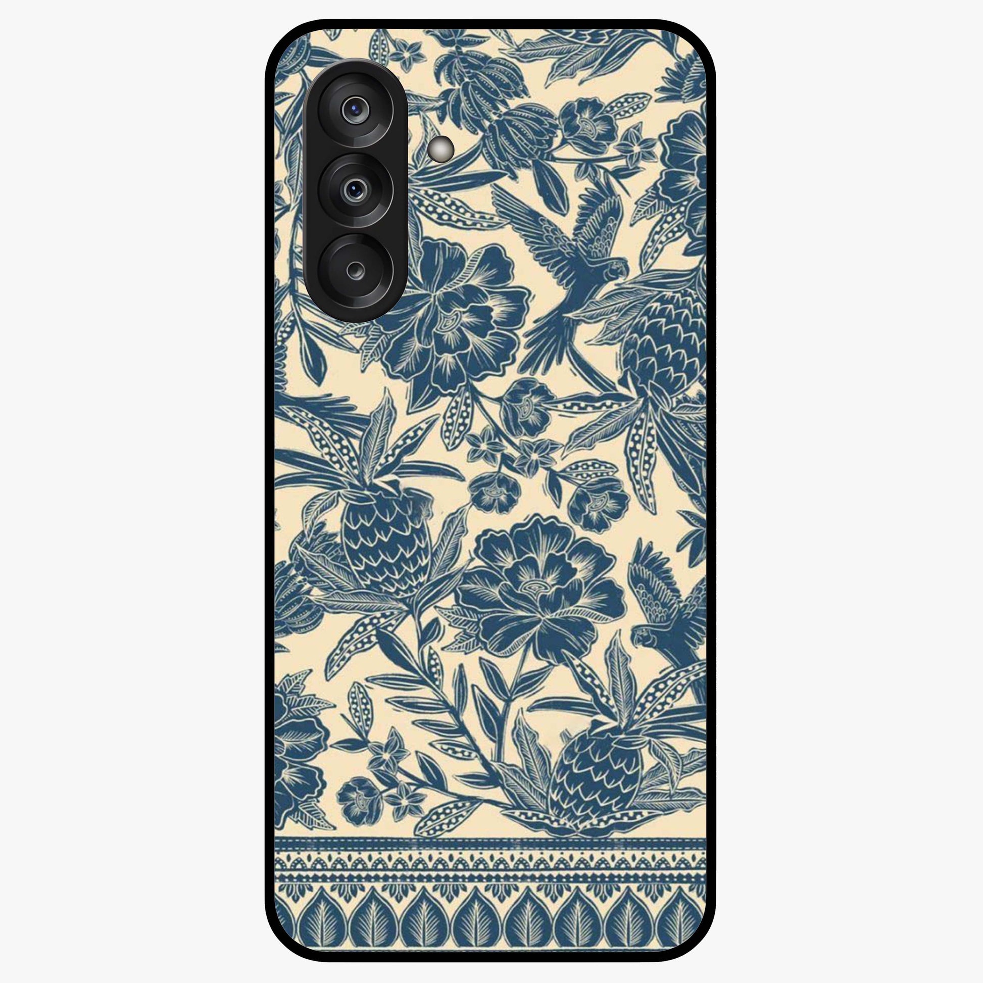 Heirloom Wild Bloom Glass Case showing flat back view with vintage inspired wild flower artwork and glossy glass finish.