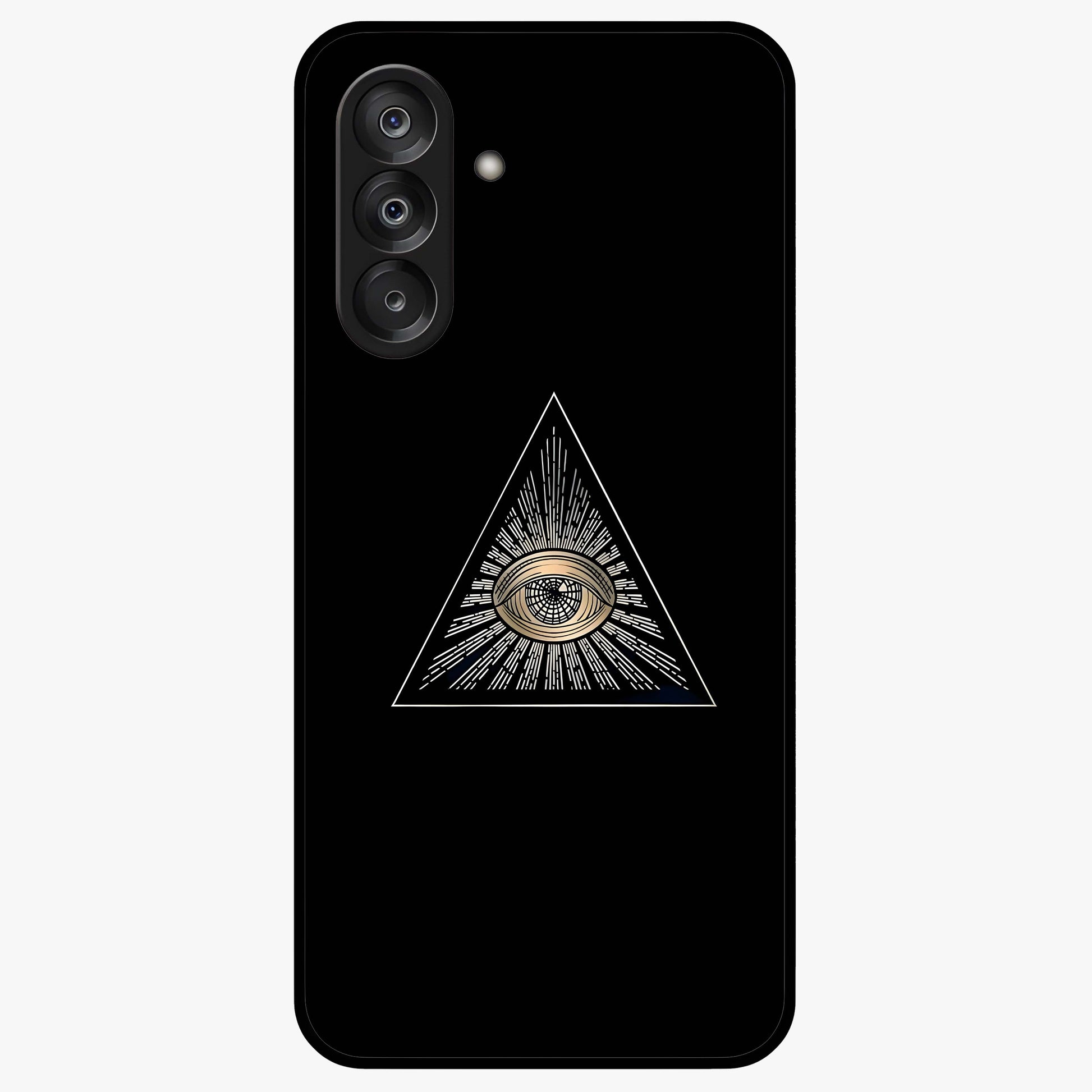 Illuminati Evil Glass Case showing flat back view with mysterious illuminati symbol artwork and glossy glass finish.