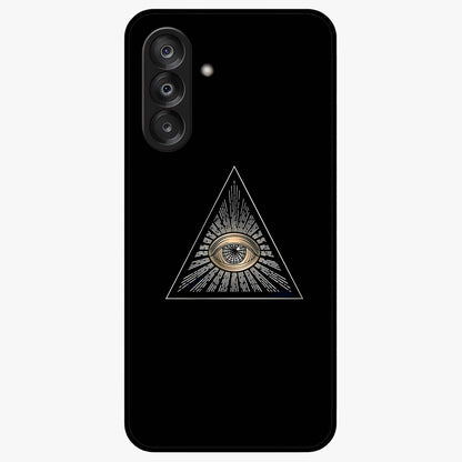 Illuminati Evil Glass Case showing flat back view with mysterious illuminati symbol artwork and glossy glass finish.