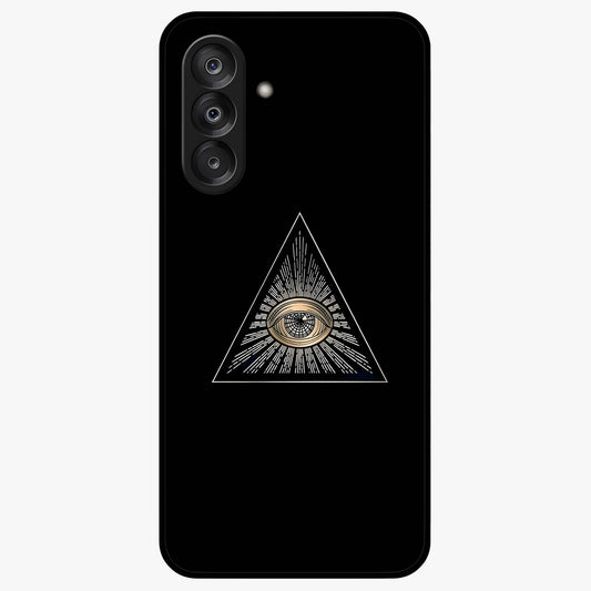 Illuminati Evil Glass Case showing flat back view with mysterious illuminati symbol artwork and glossy glass finish.
