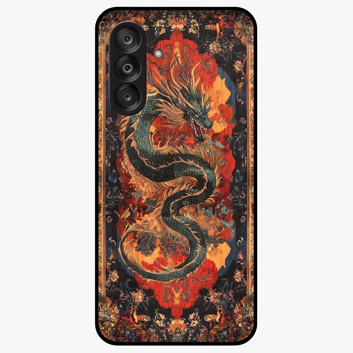 Inferno Dragon Soul Glass Case showing flat back view with fiery dragon artwork and glossy glass finish.