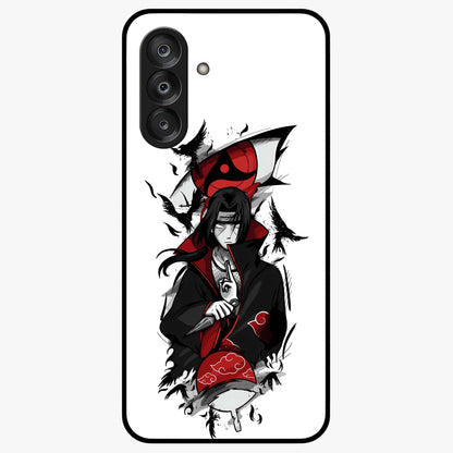 Itachi Sharingan Glass Case showing flat back view with powerful anime eye artwork and glossy glass finish.