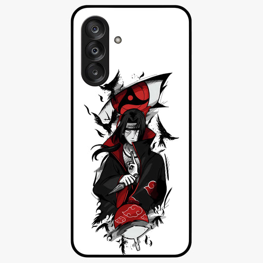Itachi Sharingan Glass Case showing flat back view with powerful anime eye artwork and glossy glass finish.