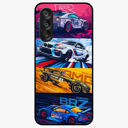JDM Sports Car Glass Case showing flat back view with high performance sports car artwork and glossy glass finish.