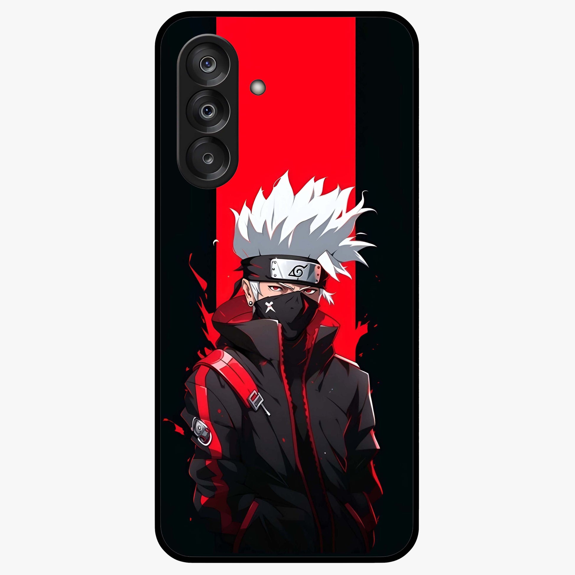 Kakashi Scarlet Shadow Glass Case showing flat back view with powerful anime ninja artwork and glossy glass finish.