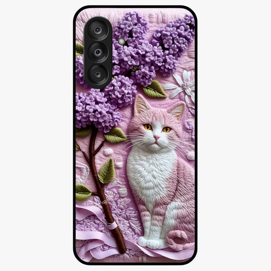 Lavender Cat Whimsy Glass Case showing flat back view with cute lavender cat artwork and glossy glass finish.