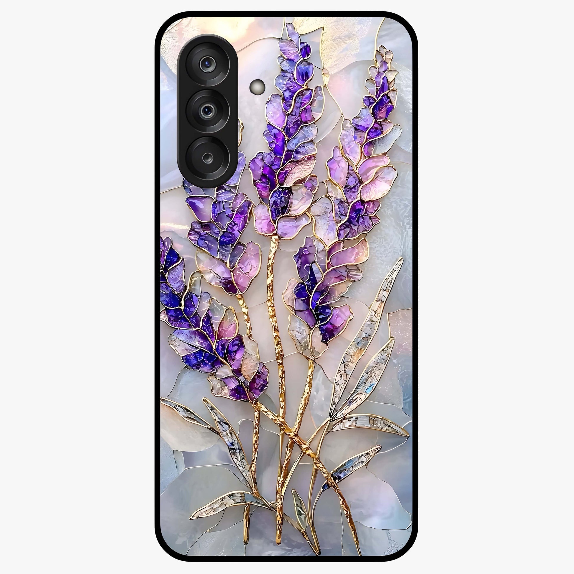 Lavender Dream Glow Glass Case showing flat back view with glowing lavender aesthetic artwork and glossy glass finish.