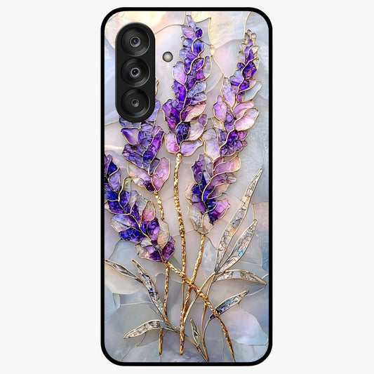 Lavender Dream Glow Glass Case showing flat back view with glowing lavender aesthetic artwork and glossy glass finish.