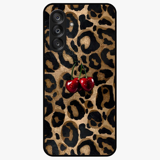 Leopard Wild Cherry Glass Case showing flat back view with leopard pattern and cherry artwork and glossy glass finish.