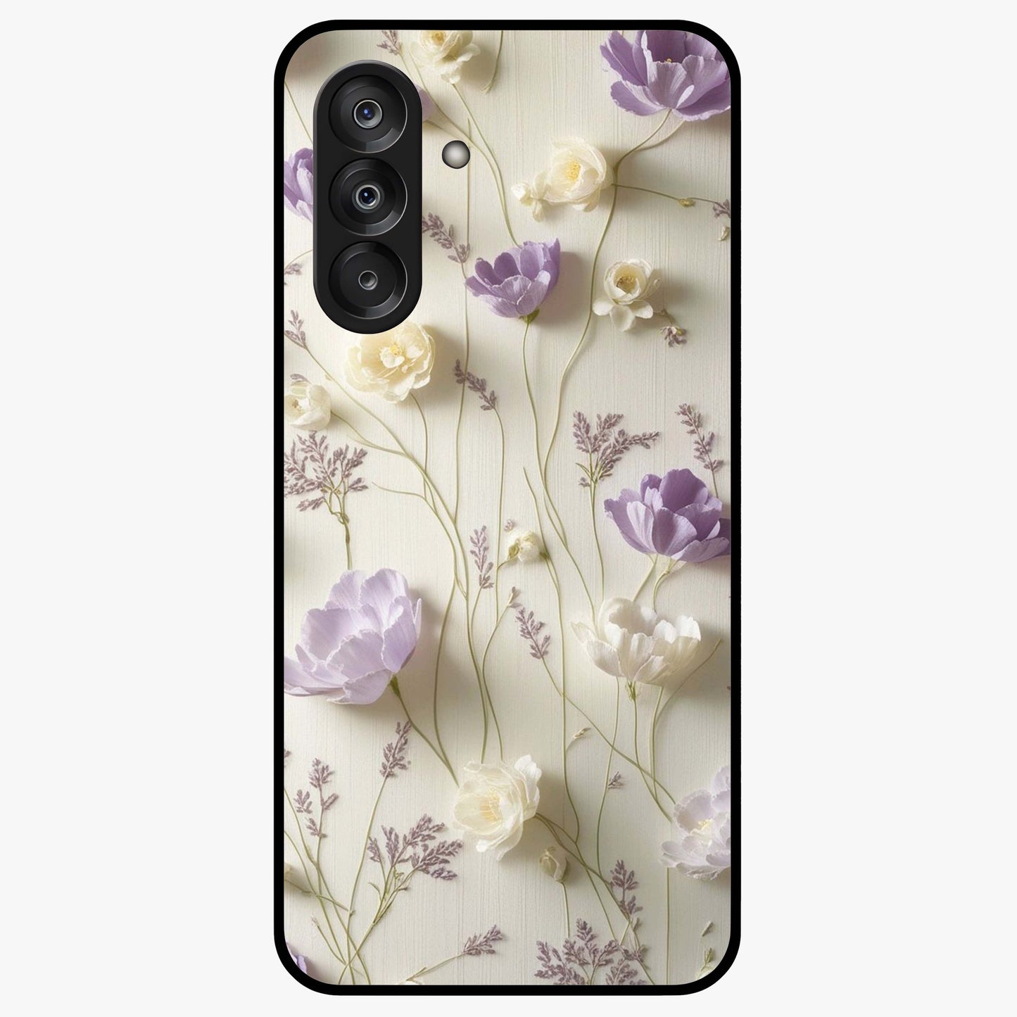Lilac Breeze Harmony Glass Case showing flat back view with soft lilac themed artwork and glossy glass finish.