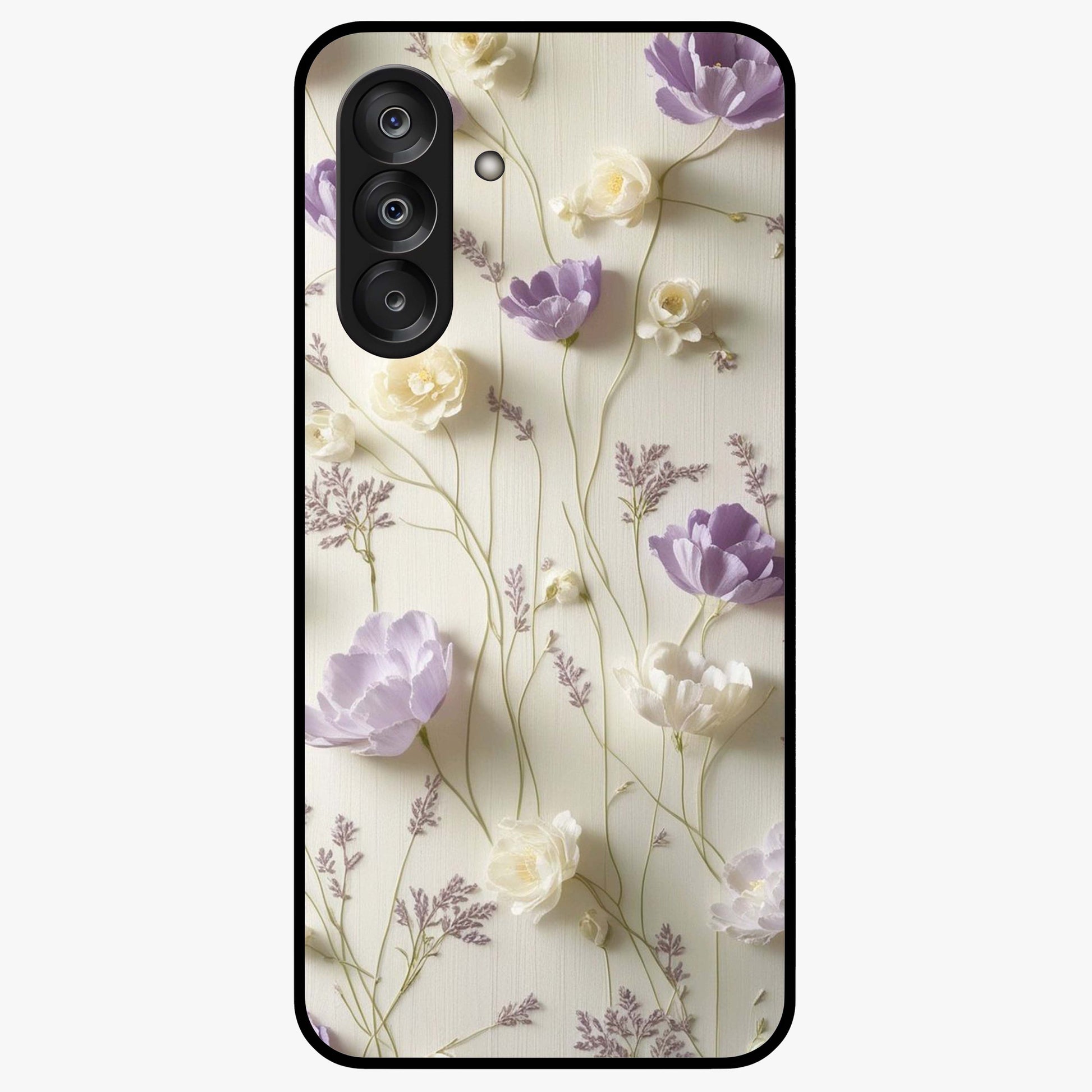 Lilac Breeze Harmony Glass Case showing flat back view with soft lilac themed artwork and glossy glass finish.