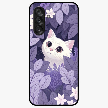 Lilac Hide Peek Cat Glass Case showing flat back view with cute peeking cat artwork and glossy glass finish.