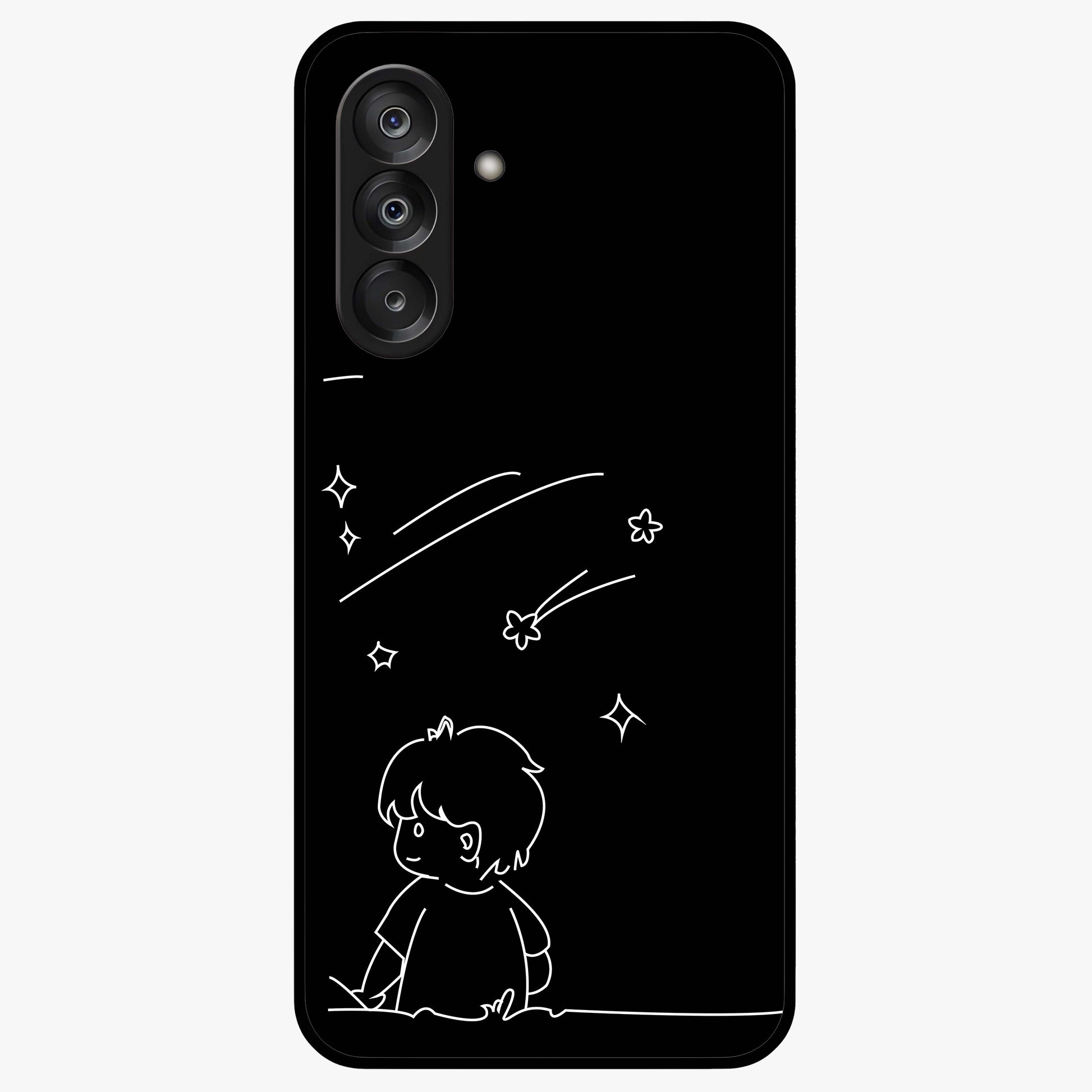 Line Art Boy With Shooting Stars Glass Case showing flat back view with minimal line art boy and shooting stars illustration and glossy glass finish.