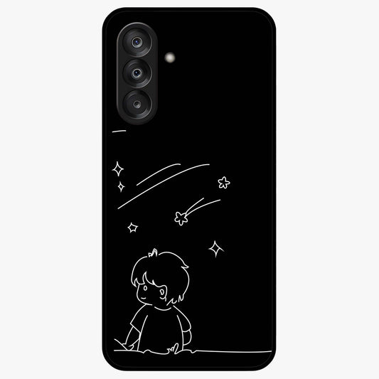 Line Art Boy With Shooting Stars Glass Case showing flat back view with minimal line art boy and shooting stars illustration and glossy glass finish.