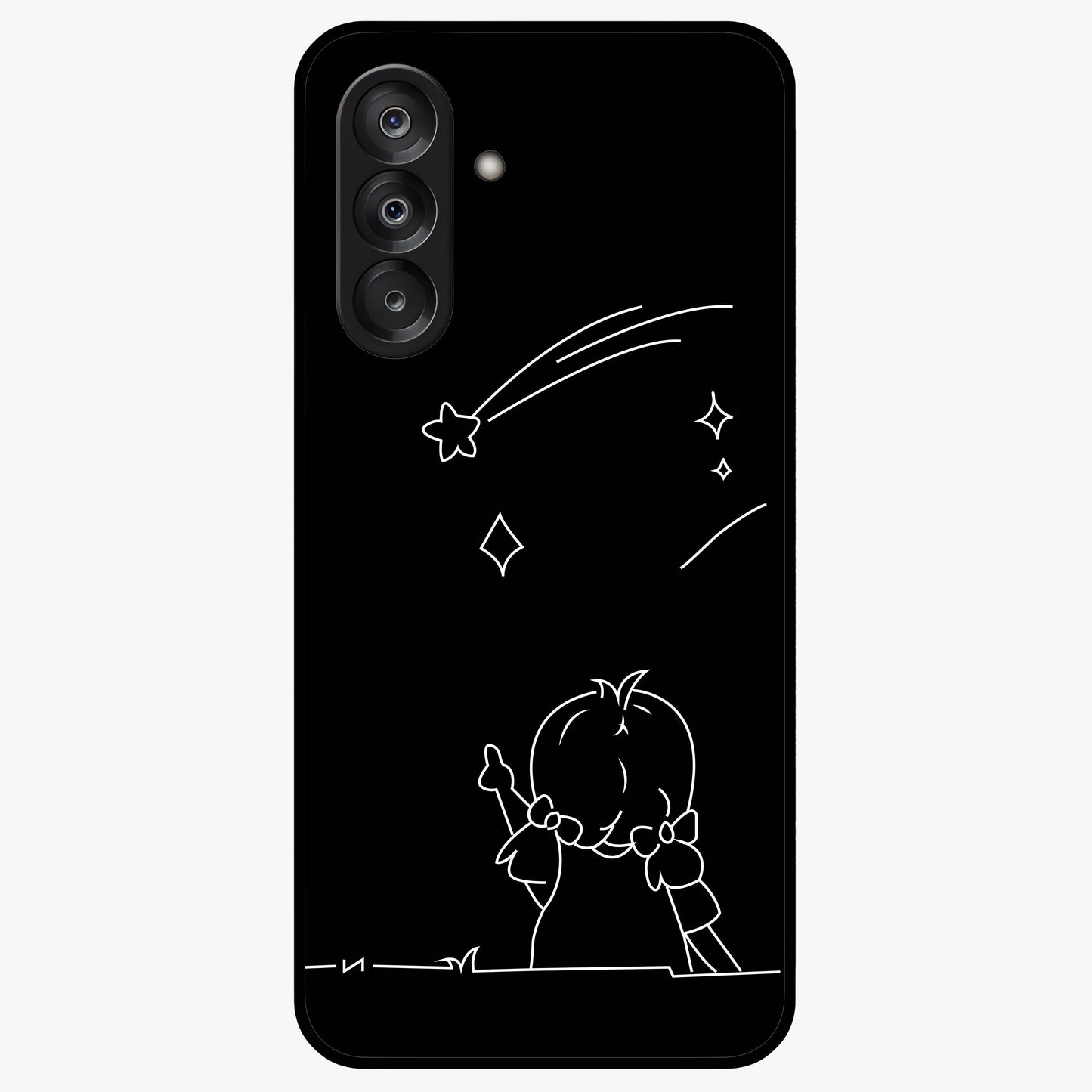 Line Art Girl With Shooting Stars Glass Case showing flat back view with minimal line art girl and shooting stars illustration and glossy glass finish.