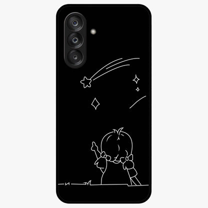 Line Art Girl With Shooting Stars Glass Case showing flat back view with minimal line art girl and shooting stars illustration and glossy glass finish.