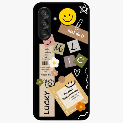 Lucky Aesthetic Collage Glass Case showing flat back view with trendy aesthetic collage artwork and glossy glass finish.