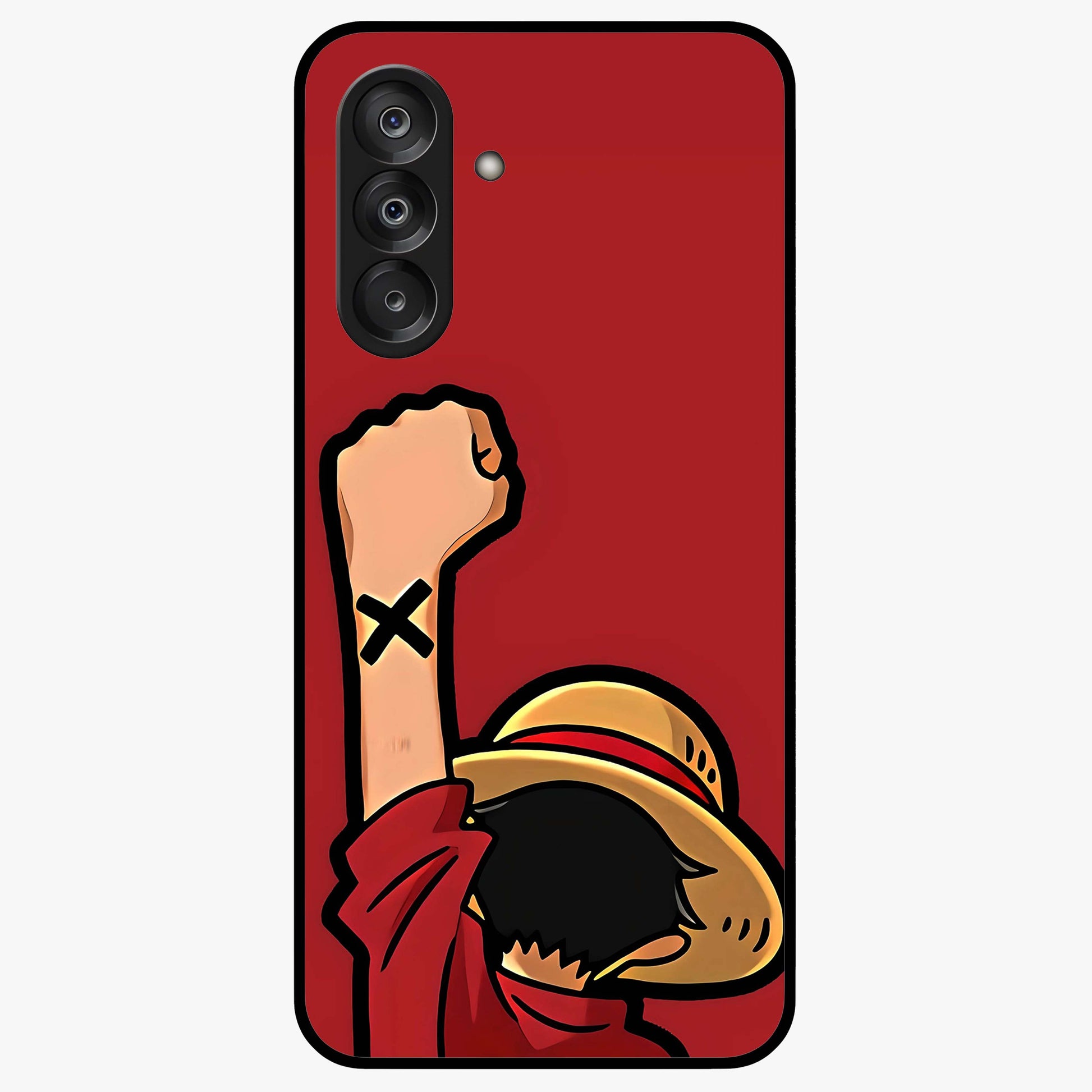 Luffy X Spirit Glass Case showing flat back view with bold anime character artwork and glossy glass finish.