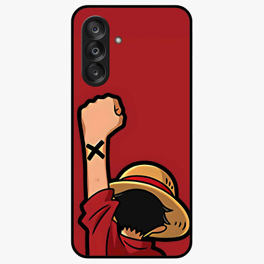 Luffy X Spirit Glass Case showing flat back view with bold anime character artwork and glossy glass finish.