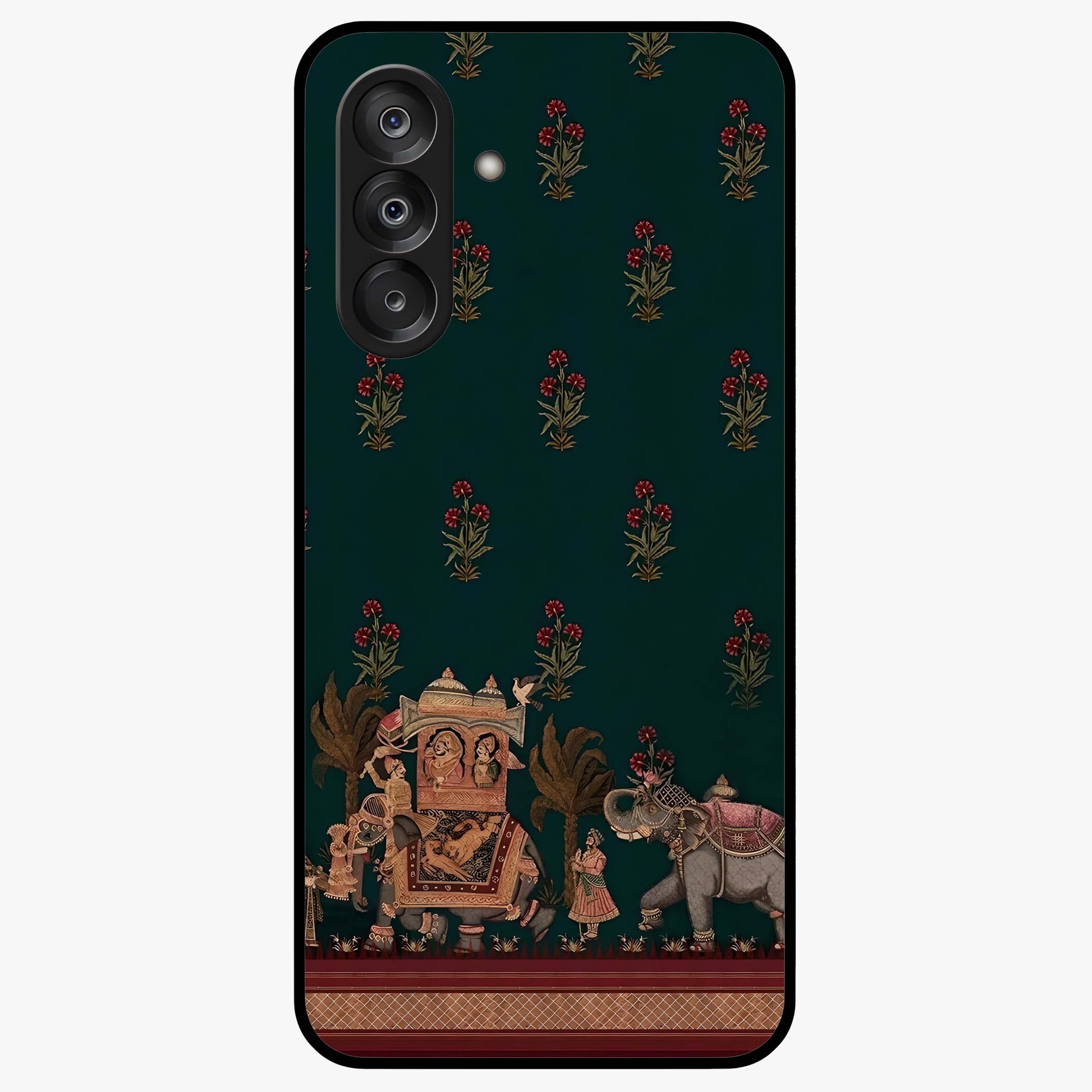 Macmerise Glass Case showing flat back view with stylish modern artwork and glossy glass finish.