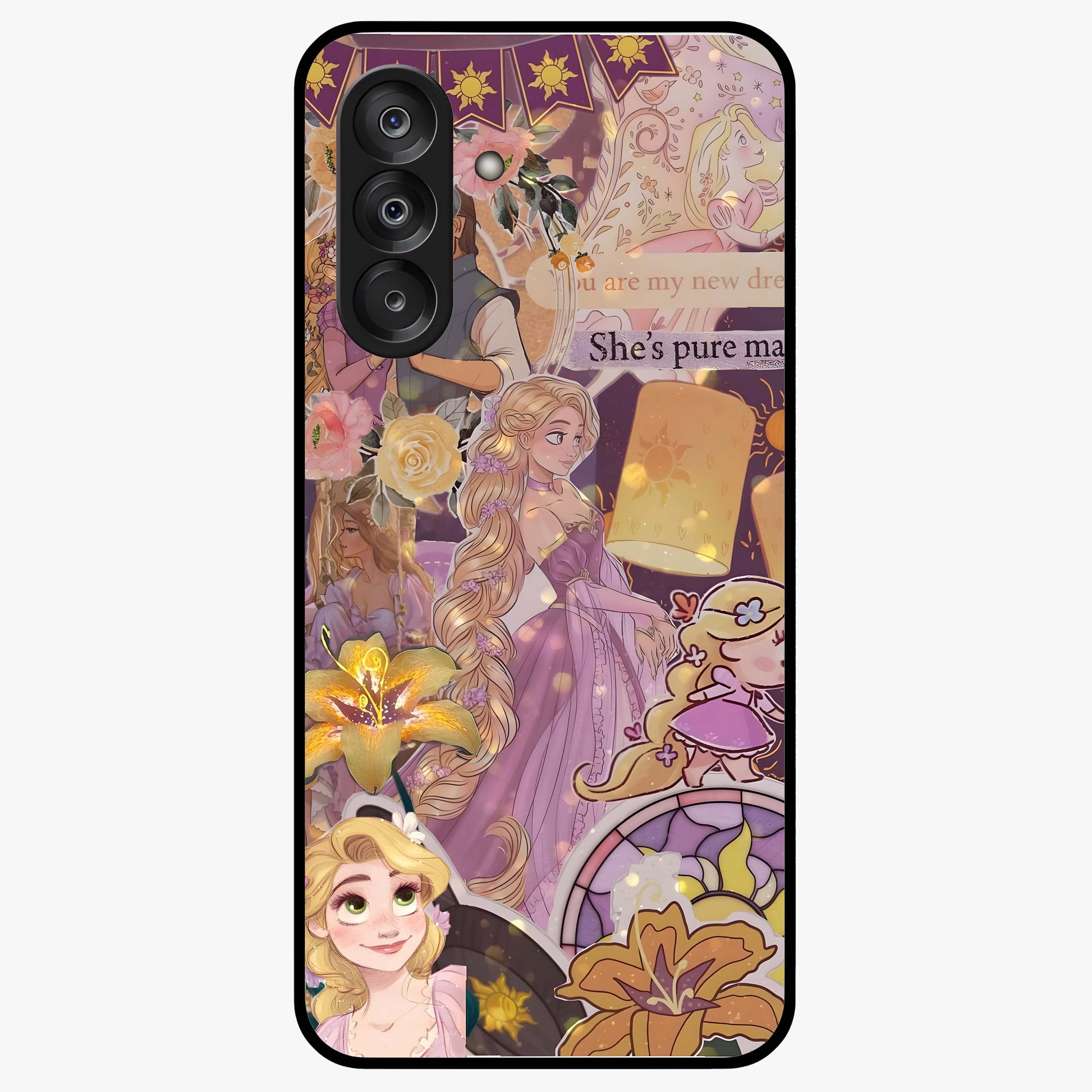 Magical Tangled Dream Glass Case showing flat back view with dreamy tangled artwork and glossy glass finish.