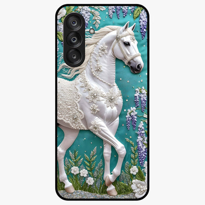Majestic Floral Stallion Glass Case showing flat back view with powerful horse and floral artwork and glossy glass finish.