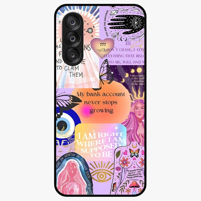 Manifestation Collage Glass Case showing flat back view with motivational collage artwork and glossy glass finish.