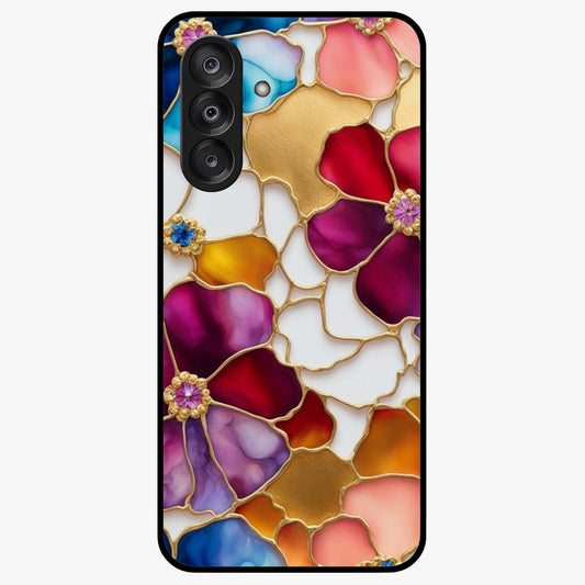 Marble Flower Pattern Glass Case showing flat back view with marble texture floral artwork and glossy glass finish.