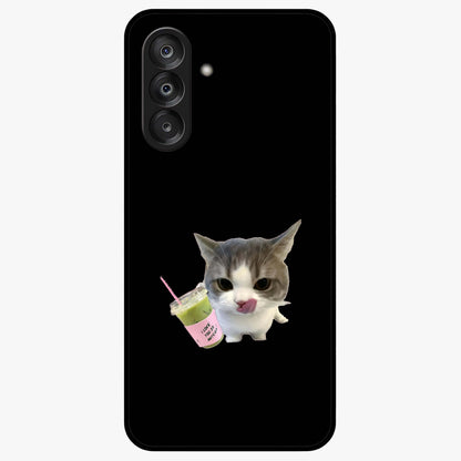 Matcha Cat Style Glass Case showing flat back view with cute matcha themed cat artwork and glossy glass finish.