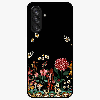 Midnight Bloom Pattern Glass Case showing flat back view with dark floral pattern artwork and glossy glass finish.