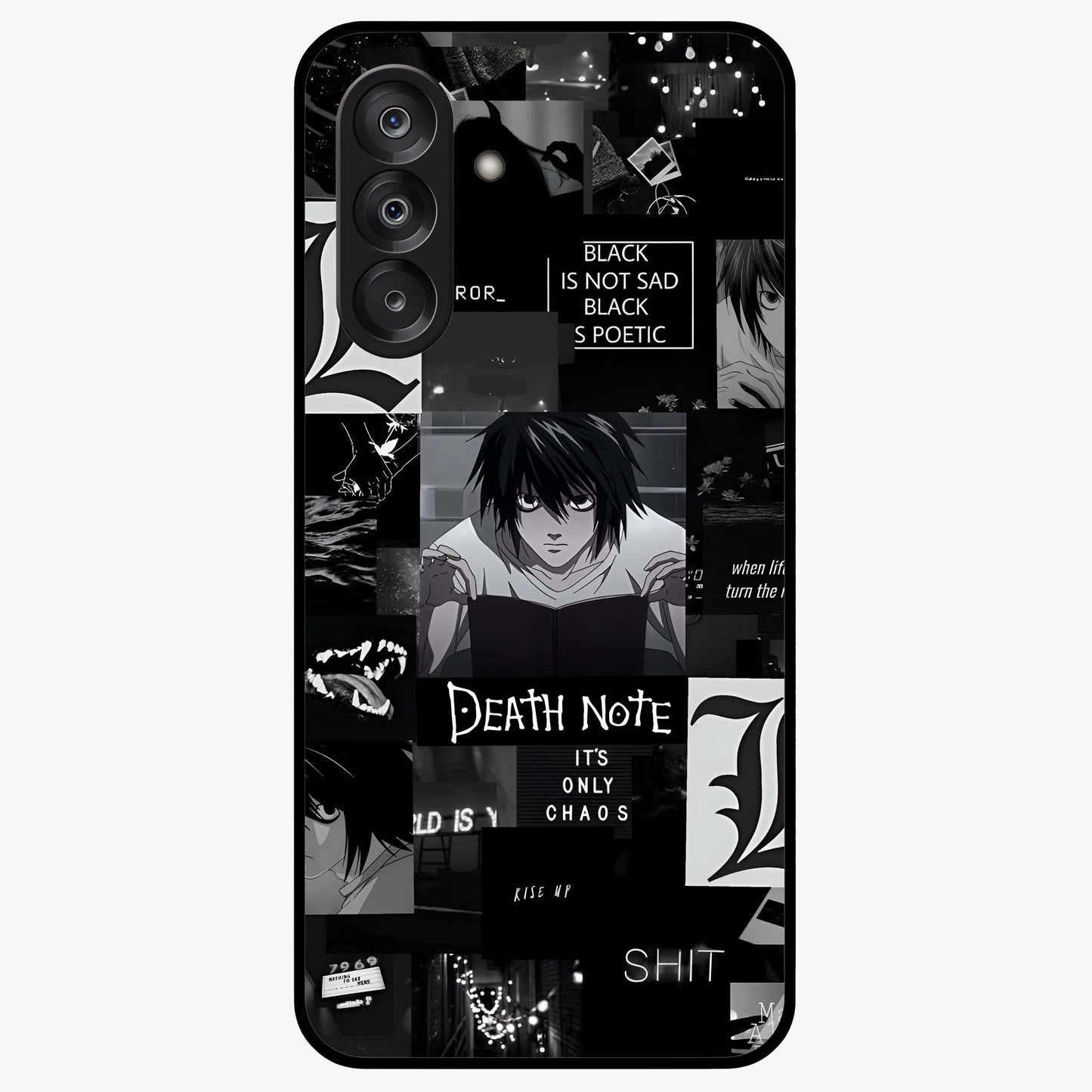 Midnight Chaos Mind Glass Case showing flat back view with abstract dark themed artwork and glossy glass finish.